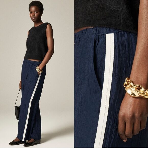 NWT J CREW Stratus side-stripe pant in textured satin in navy - Picture 1 of 11